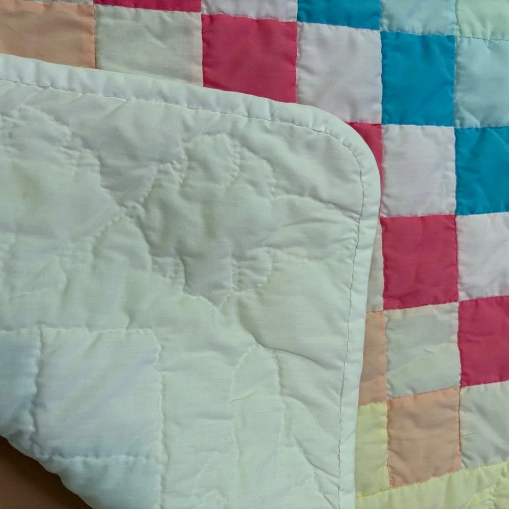 Vintage Pastel Patchwork Baby Quilt Elephant Quilted Details 35x46 Nursery Crib